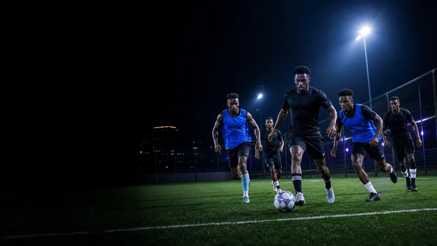 Footballers playing under floodlights on a five-a-side turf